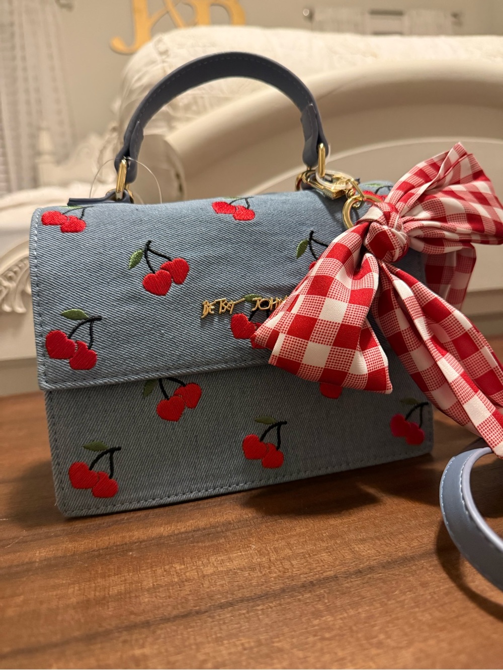 Betsey Johnson Blue Denim Cherry Embroidered Satchel with Red Gingham Bow